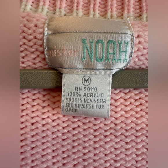 Vintage 80s mister NOAH Preppy Pink and White Striped Cardigan Sweater Size M - Picture 4 of 4